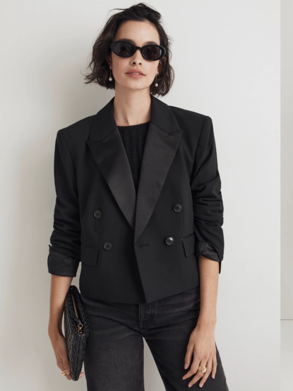Madewell Cropped Tuxedo Blazer Black Satin Lapel Double Breasted Size 10